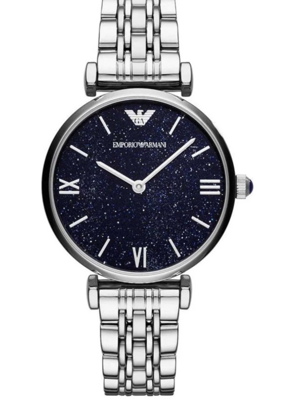 Emporio Armani women’s Silver Bracelet Watch with Sparkling Navy Dial